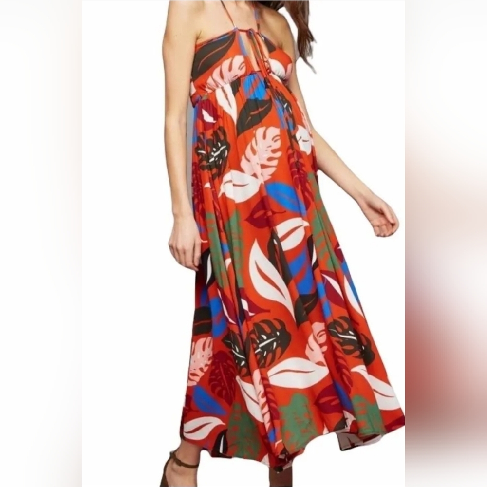 Rachel Pally Leaf Print Halter Maxi Dress Asymmetrical Hem Womens Size Small